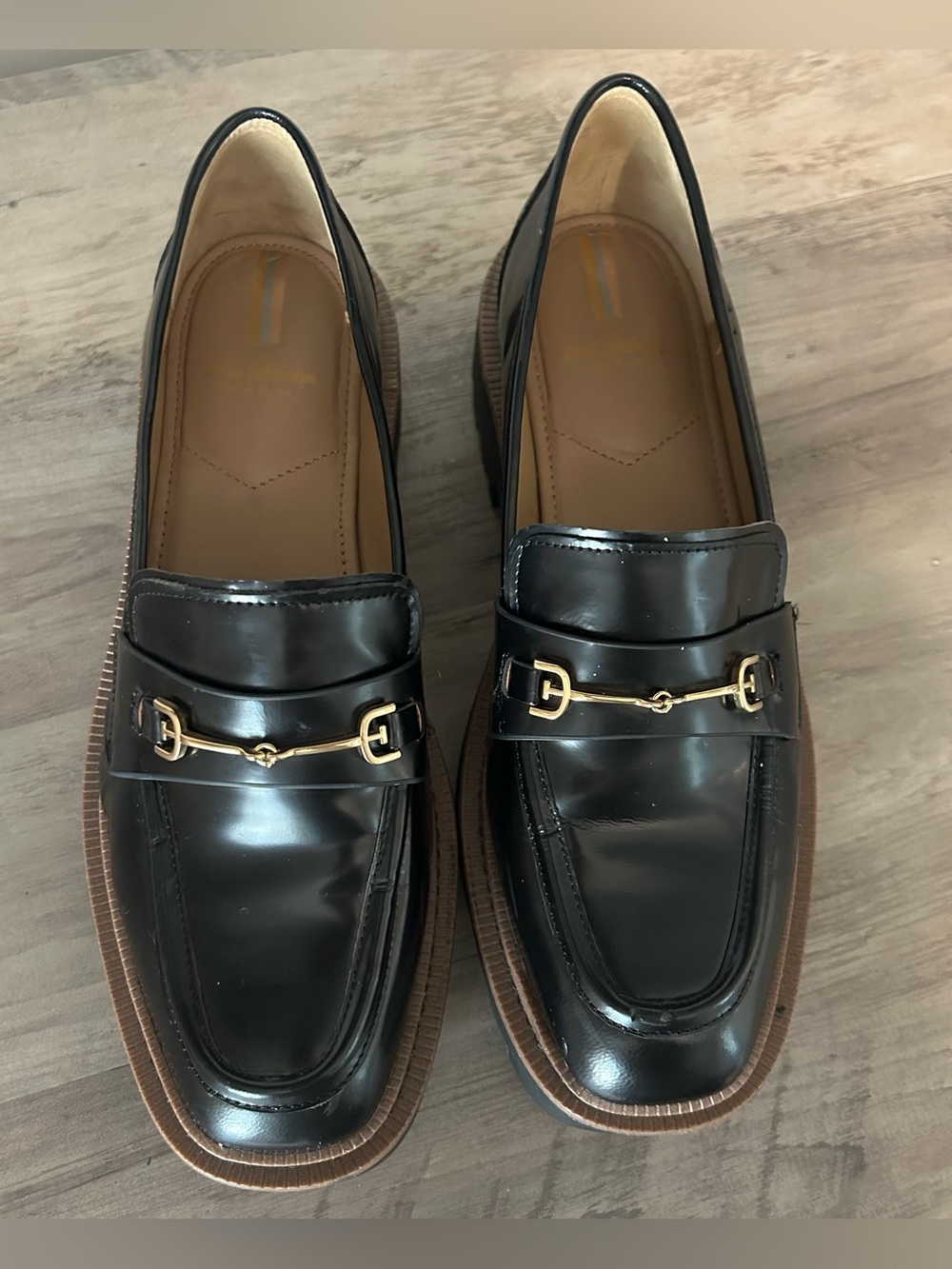 Sam Edelman Black Leather Lug Sole Loafers Gold Horsebit Detail Size 10 - Picture 3 of 9